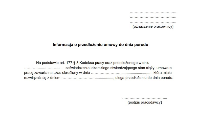 Przedłużenie umowy do dnia porodu - wzór