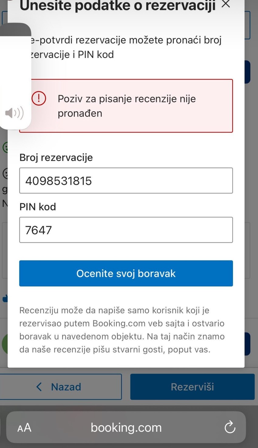 Ocenjivanje nije bilo moguće