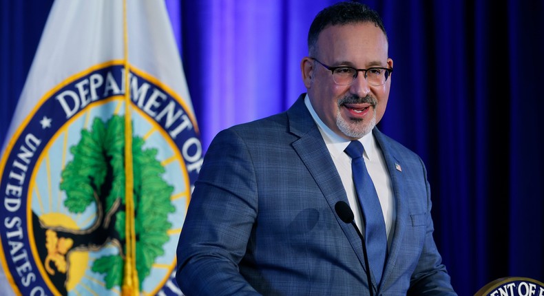 U.S. Education Secretary Miguel Cardona delivers remarks at the department's Lyndon Baines Johnson Building on January 27, 2022 in Washington, DC. Cardona laid out the department's priorities almost one year after being sworn in as head of the $64 billion agency.