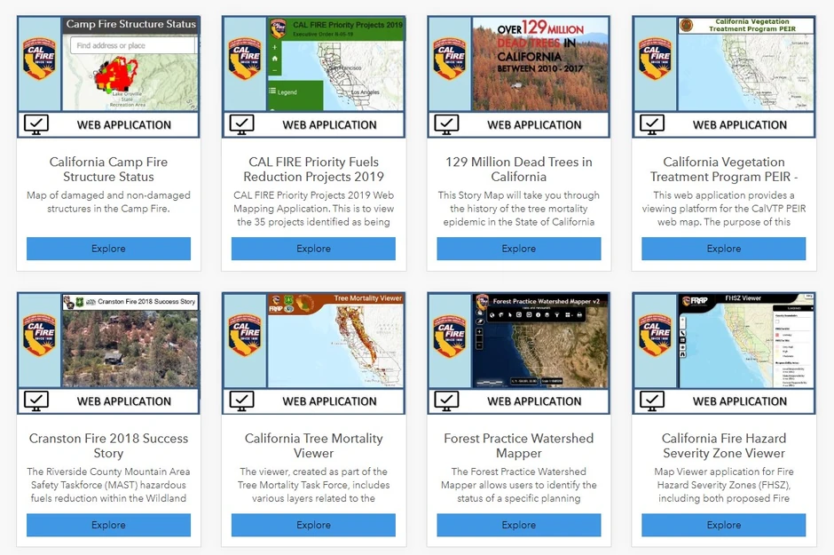 Neke od veb aplikacija kalifornijskog državnog geoportala