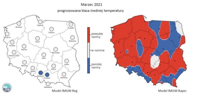 Prognozowana klasa średniej miesięcznej temperatury powietrza w marcu 2021 r.