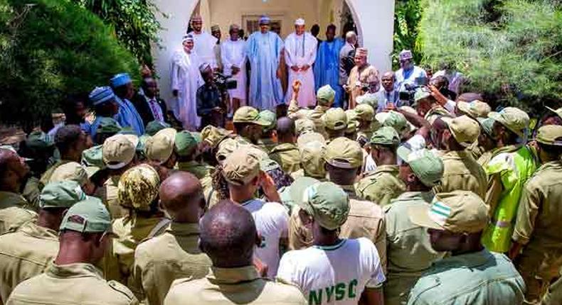 President Muhammadu Buhari received Corps members serving in Katsina State at his residence in Daura. [Vanguard]