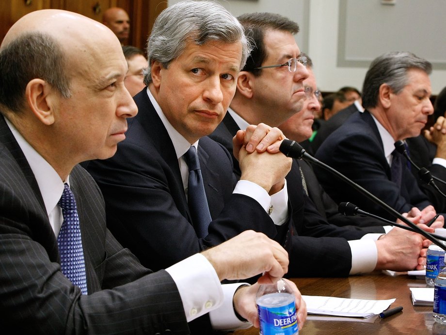 Executives from the financial institutions who received TARP funds, (L-R) Goldman Sachs Chairman and CEO Lloyd Blankfein, JPMorgan Chase & Co CEO and Chairman Jamie Dimon, The Bank of New York Mellon CEO Robert P. Kelly, Bank of America CEO Ken Lewis, State Street Corporation CEO and Chairman Ronald Logue, Citigroup CEO Vikram Pandit, Wells Fargo President and CEO John Stumpf testify before the House Financial Services Committee February 11, 2009 in Washington, DC.