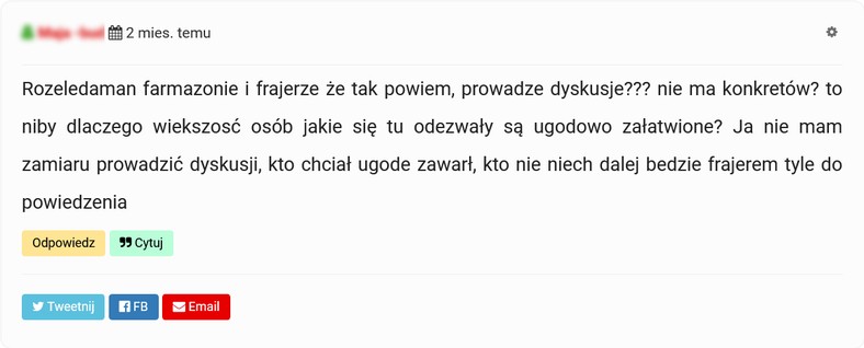 Zrzut ekranu z lokalnego forum, na którym poszkodowane osoby przestrzegają przed Marcinem M.