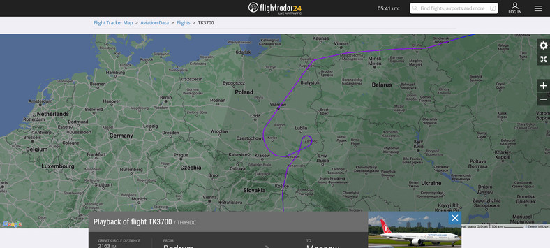 Turkish Airlines, lot TK3700 nad Polską