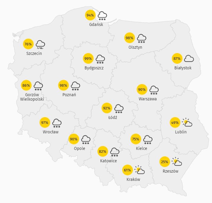 Zachmurzenie w Polsce. Wtorek 12 stycznia