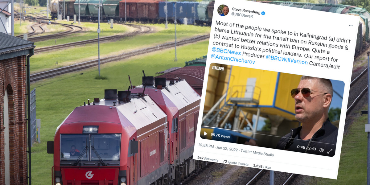 Pociągi z towarem stoją na stacji w Kaliningradzie. Nie mogą przejechać na Litwę (Screen: Twitter.com/Steve Rosenberg)