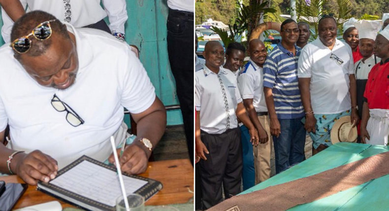 Retired President Uhuru Kenyatta at the coastal city of Mombasa over the weekend, where he visited The Moorings, Kenya's first floating restaurant.