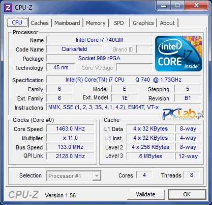 Procesor Intel Core i7-740QM to czterordzeniowy, ośmiowątkowy układ z funkcją Turbo. Dzięki niej nominalna prędkość może zostać zwiększona z 1,73 GHz aż do 2,93 GHz