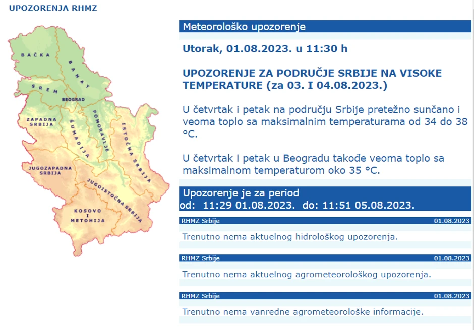RHMZ izdao upozorenje za sredu i četvrtak