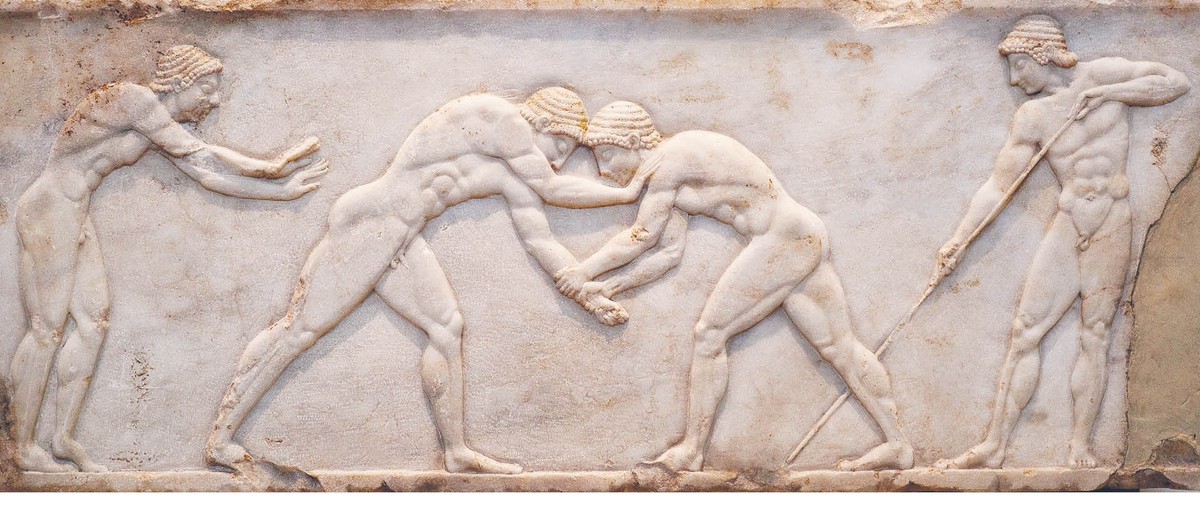 Zawody w pankrationie. Płaskorzeźba pochodząca z ok. 510 r. p.n.e. Narodowe Muzeum Archeologiczne w Atenach