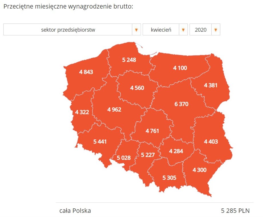 Przeciętne miesięczne wynagrodzenie brutto w kwietniu 2020 r. z podziałem na województwa 