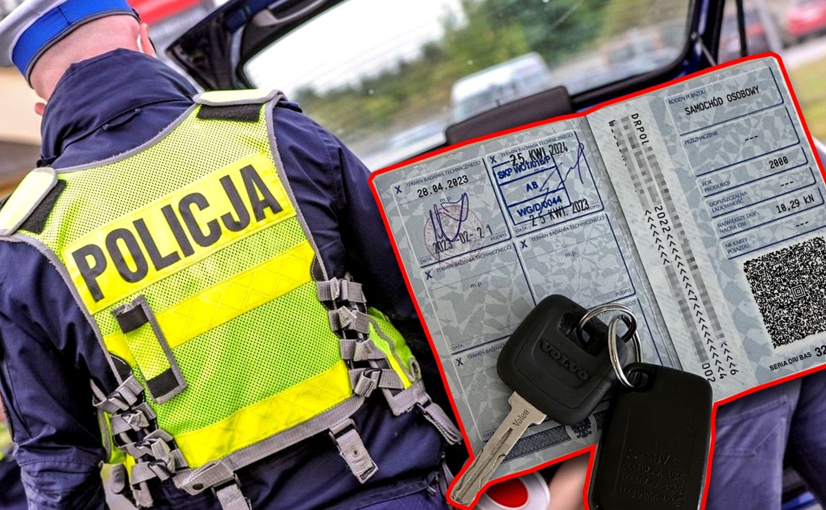 Policjant w odblaskowej kamizelce podczas kontroli drogowej, obok powiększony polski dowód rejestracyjny z kluczykami do samochodu w czerwonej ramce