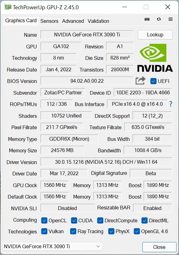 Zotac GeForce RTX 3090 Ti AMP Extreme Holo – GPU-Z – specyfikacja układu