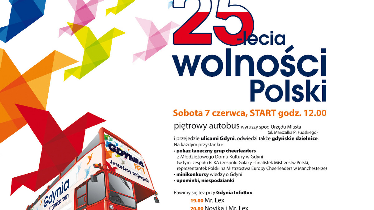 Piętrowy autobus, który przejedzie przez wszystkie dzielnice miasta, koncert Noviki i grupy DAAB, pokaz sztucznych ogni, konkursy z nagrodami - to plan Gdyni na najbliższą sobotę. Miasto zaprasza gdynian do wspólnego świętowania zwycięstwa w konkursie "Miasto 25-lecia wolności Polski".