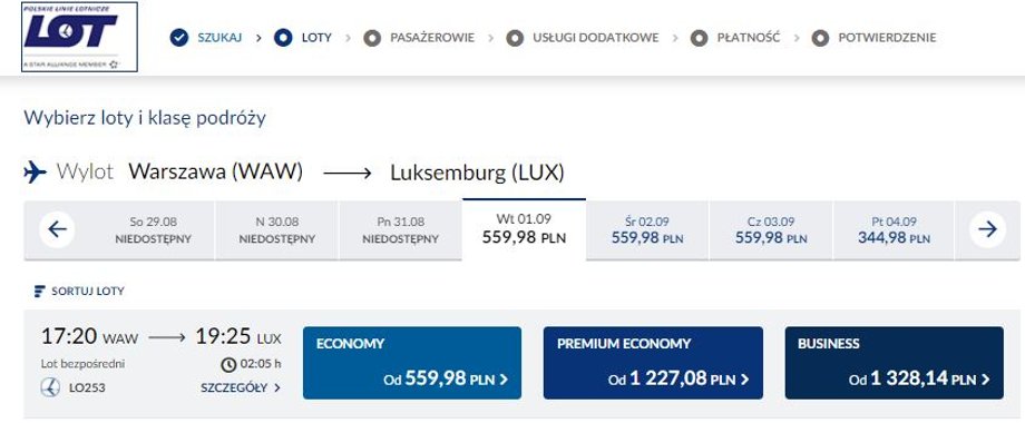 Rejsy Warszawa-Luksemburg w systemie rezerwacyjnym PLL LOT