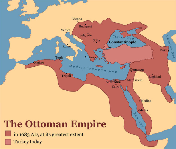 Imperium Osmańskie w okresie największego rozkwitu w 1683 roku (ciemna czerwień) oraz współczesna Turcja (jasna czerwień).