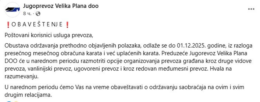 Obaveštenje "Jugoprevoza"