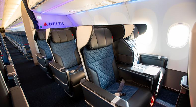 Delta's domestic first-class seats on board an Airbus A321neo.Delta