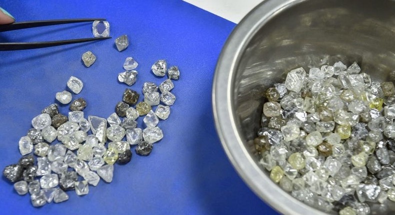 An employee inspects rough diamonds in Alrosa Diamond Sorting Center in the town of Mirny on July 1, 2019.ALEXANDER NEMENOV/AFP via Getty Images