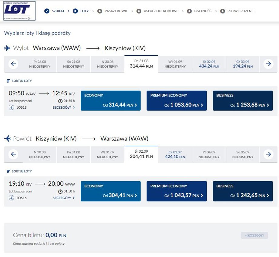 Rejsy Warszawa-Kiszyniów w systemie rezerwacyjnym LOT-u