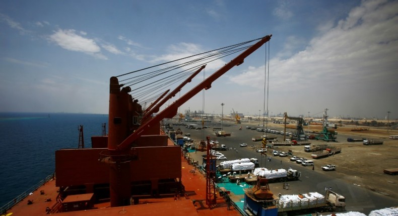 Aid shipments from the US Agency for International Development are seen arriving in May 2016 at Port Sudan, where workers went on strike February 18, 2019 to protests against the signing of a deal between Khartoum and a Filipino company