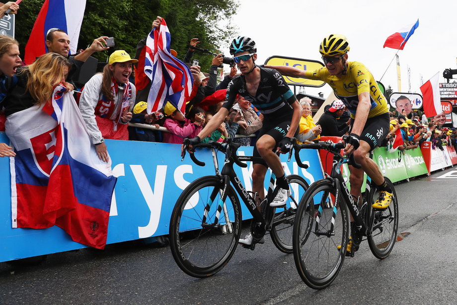 Froome finished stage 19 of the Tour on his teammate Geraint Thomas' bike after he crashed in slippery conditions.