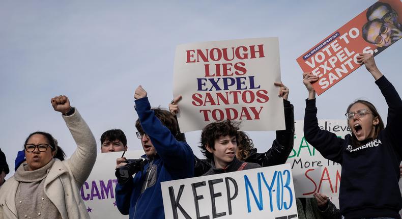 Rep. George Santos' constituents from New York's third congressional district traveled to Washington, D.C., to call for his removal from Congress.Drew Angerer/Getty Images