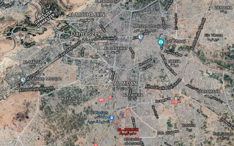 Dzielnica Al-Jarmuk w Damaszku (na czerwono)