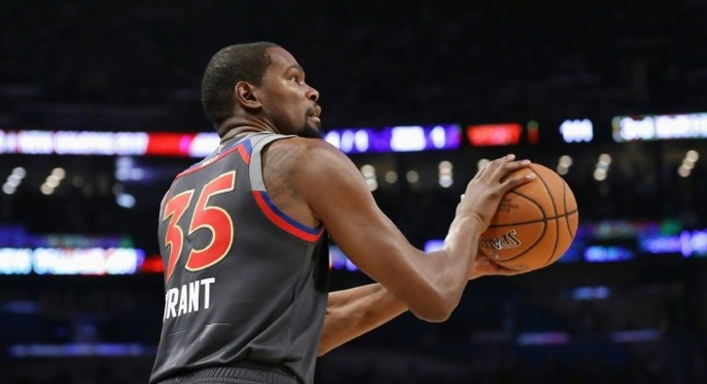 Kevin Durant of the Golden State Warriors shoots the ball in the second half of the 2017 NBA All-Star Game February 19, 2017 in New Orleans