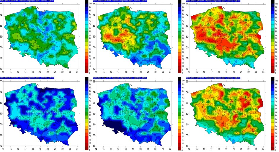 Ilustracja 3. Procentowy poziom wilgotności gleby na głębokości 7-28 cm. Górnym panel to 15 marca, kwietnia i maja 2023 roku. Dolny panel to obecny rok.