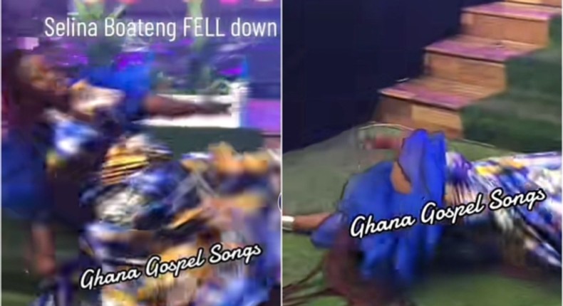 Drama at Celestine Donkor's Celestial Praiz as Selina Boateng falls flat during crazy dance (video)