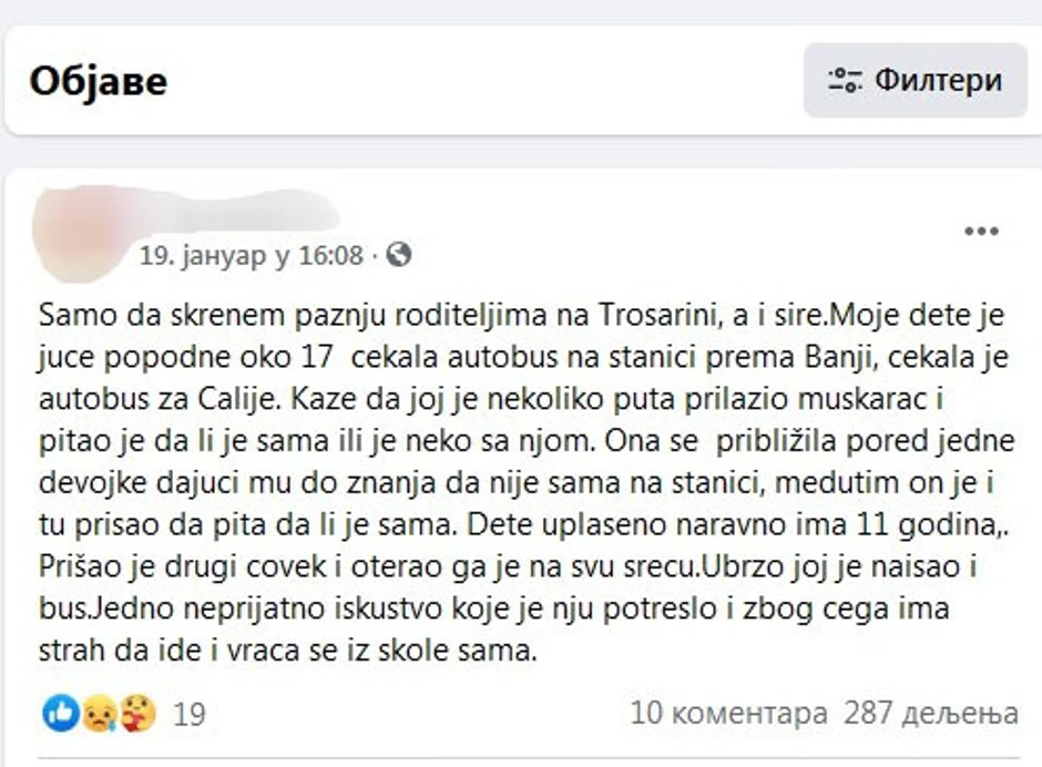 Objava majke devojcice kojoj je prisao nepoznati muskarac