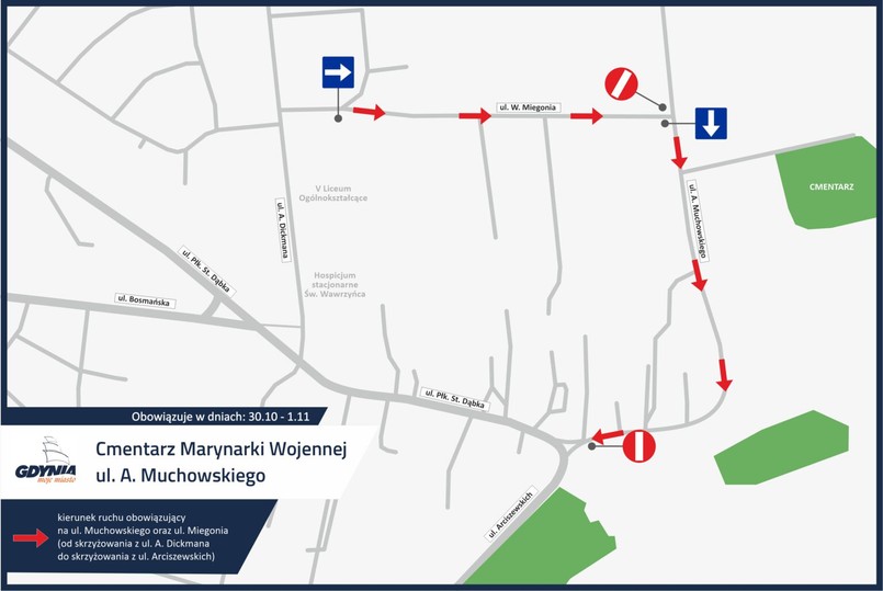 Mapa zmian w organizacji ruchu w okolicy cmentarza Marynarki Wojennej