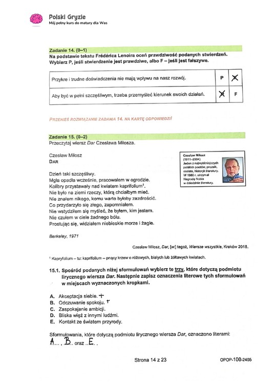 Egzamin ósmoklasisty 2024. Język polski [ARKUSZE CKE i ODPOWIEDZI]. Zadania 14 i 15