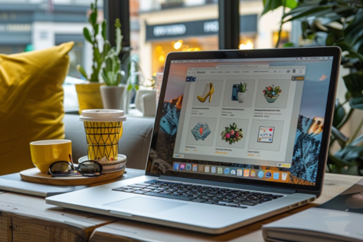 Laptop z otwartym sklepem internetowym i ofertami produktów – jako nawiązanie do konsumentów robiących zakupy online i klauzul abuzywnych w regulaminach sklepów.