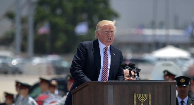 US President Donald Trump speaks during a welcome ceremony upon his arrival at Ben Gurion International Airport in Tel Aviv on May 22, 2017, as part of his first trip overseas