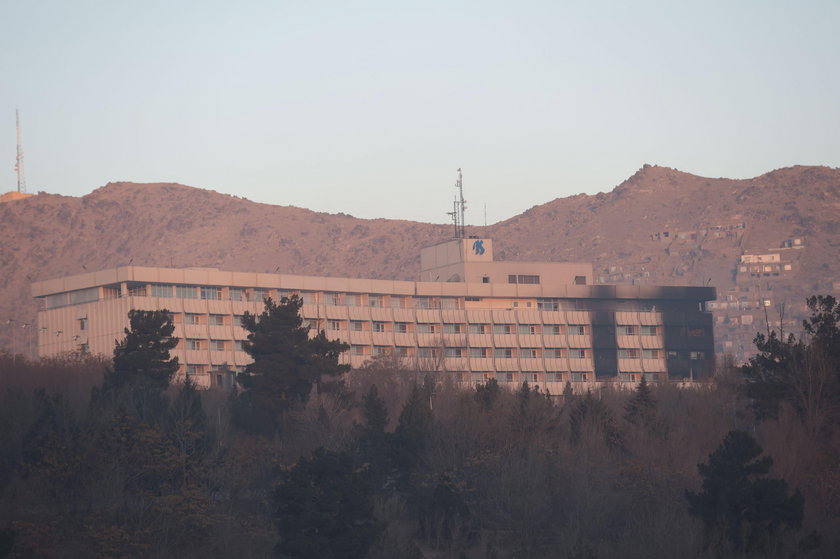 The Intercontinental Hotel is seen during an attack in Kabul, Afghanistan