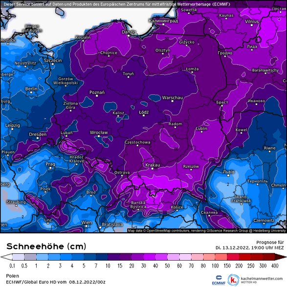 Pokrywa śnieżna w wielu regionach sięgnie 10-20 cm, a miejscami nawet 30 cm.