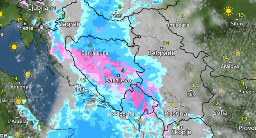 Kiša i sneg u utorak uveče: Roze na mapi je sneg