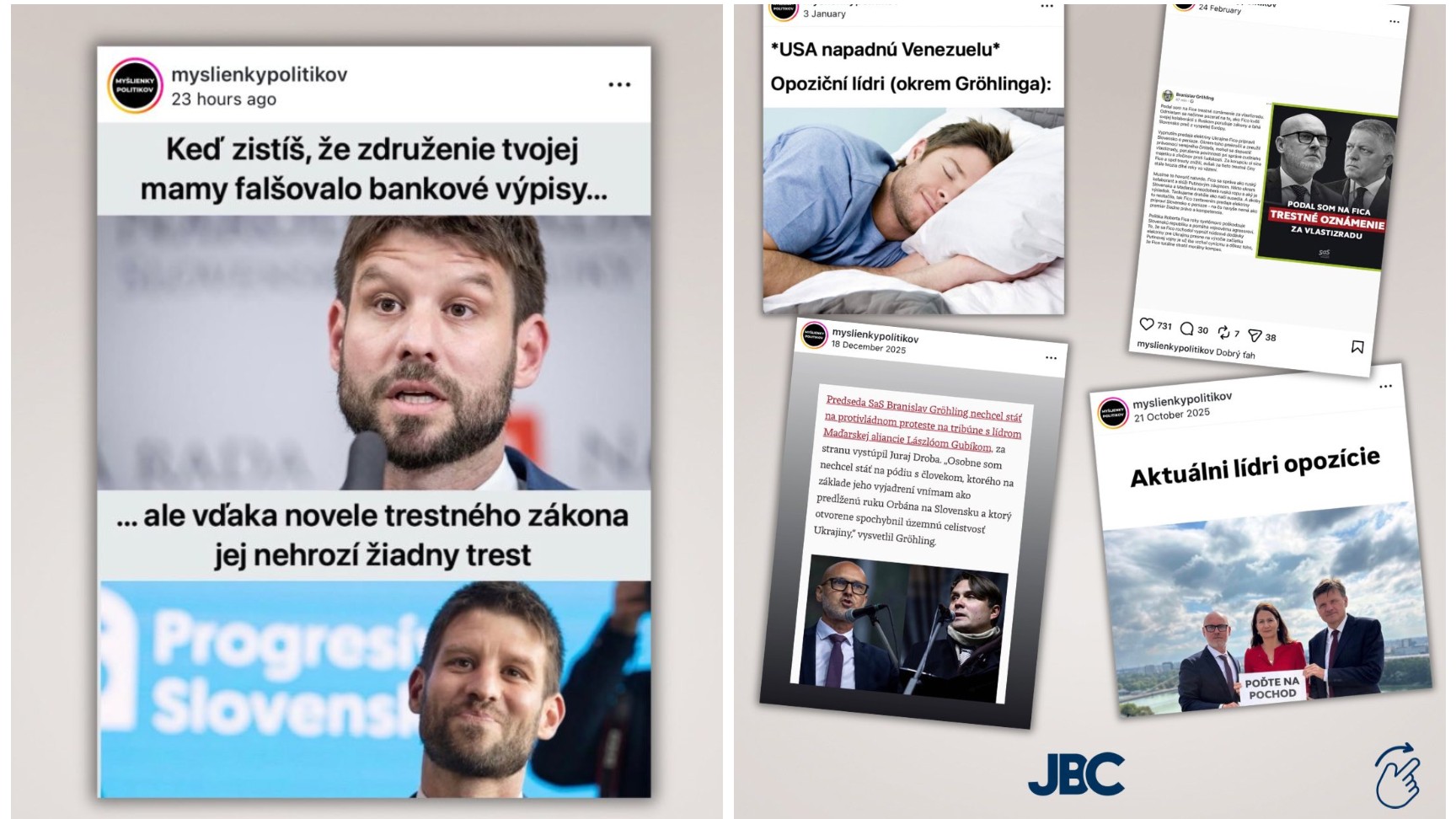Koláž viacerých príspevkov stránky Myšlienky politikov, ktoré zverejnila Bittó Cigániková