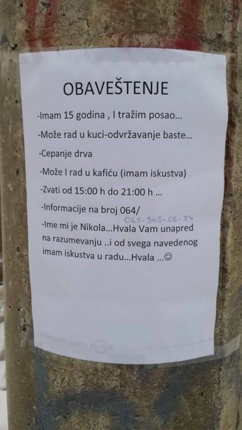 Oglas na kojem piše da petnaestogodišnji Nikola traži posao