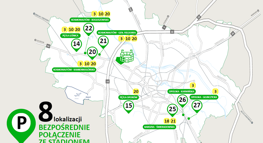Mapka z park and ride z których wygodnie dojedziesz tramwajem na mecz