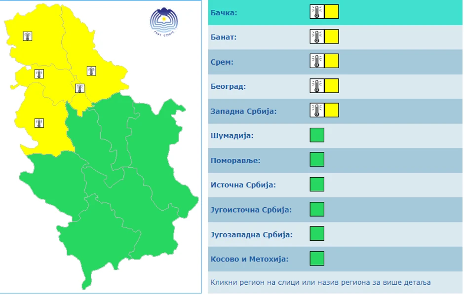 RHMZ žuti meteoalarm u severnim delovima Srbije