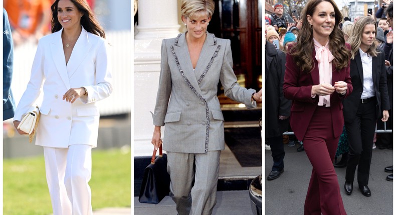 Meghan Markle, Princess Diana, and Kate Middleton have all been photographed in chic, tailored suits.Karwai Tang/WireImage; Antony Jones/UK Press via Getty Images; Samir Hussein/Pool/WireImage