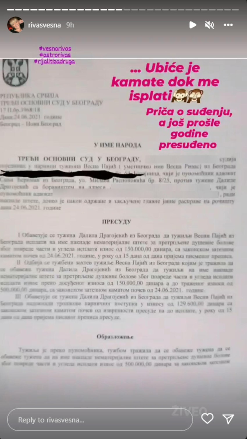 Vesna Rivas dobila Dalilu na sudu