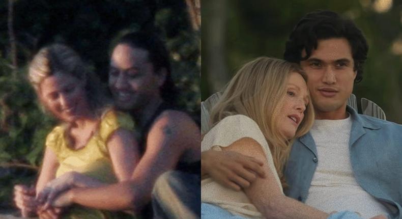 Left: Mary Kay Letourneau and Vili Fualaau in April 2006. Right: Julianne Moore and Charles Melton in May December.Ron Wurzer/Getty Images; Netflix