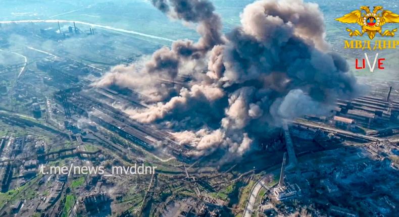 Smoke rises from the Azovstal steel plant in Mariupol as it is attacked by Russia in a screenshot from a video released May 4.