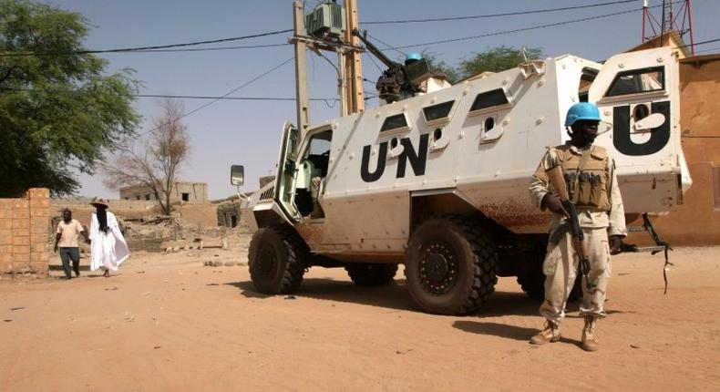 An armoured personnel carrier of The United Nations Multidimensional Integrated Stabilization Mission in Mali (MINUSMA) is parked in Timbuktu on September 19, 2016