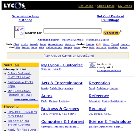 Witryna Lycos na początku 2000 roku. Źródło: archive.org